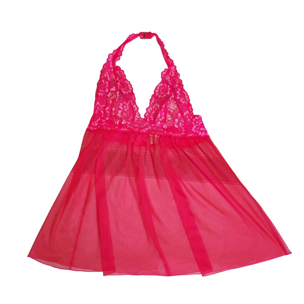 Victoria's Secret Babydoll Lingerie Hot Pink Lace Halter Open Back Sexy Sheer‎ M